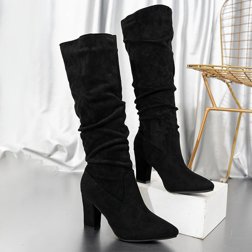 Black Knee High Boots with Slouch Shape and Block Heel