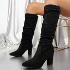 Black Knee High Boots with Slouch Shape and Block Heel