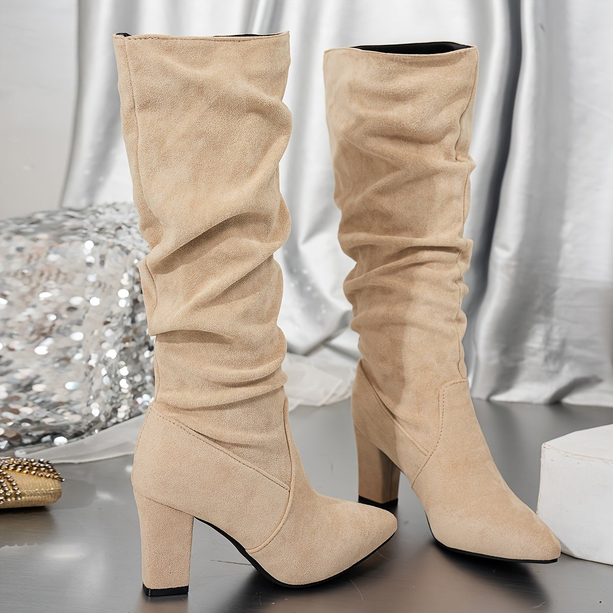 Black Knee High Boots with Slouch Shape and Block Heel