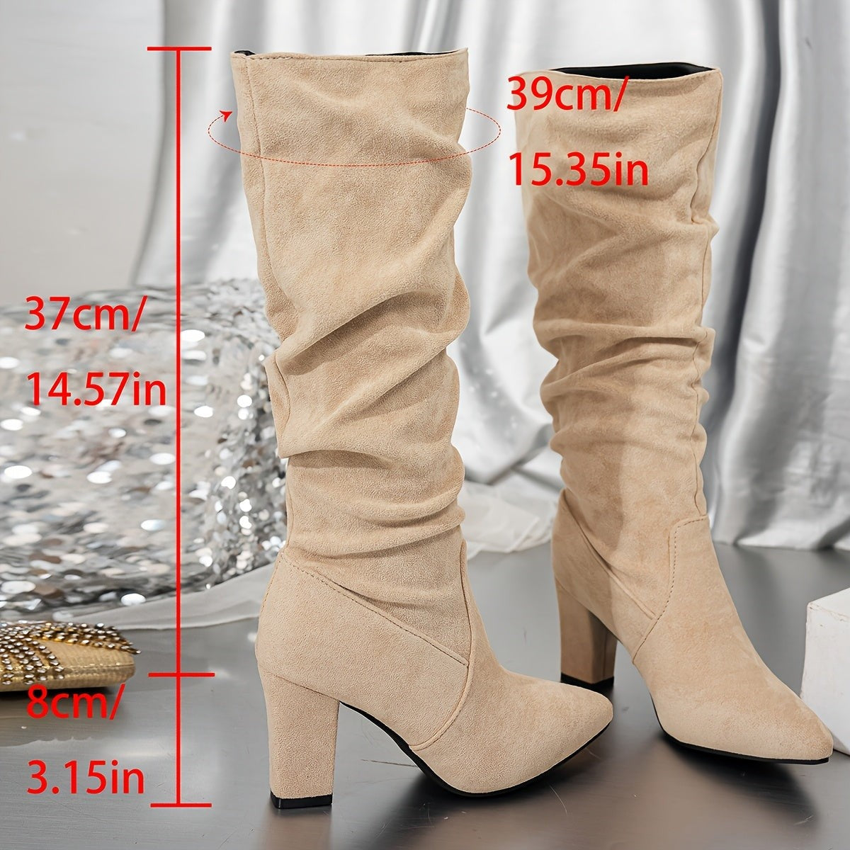 Black Knee High Boots with Slouch Shape and Block Heel