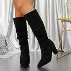 Black Knee High Boots with Slouch Shape and Block Heel