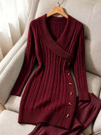 Cable Knit Jumper Dress with V-Neck and Side Buttons
