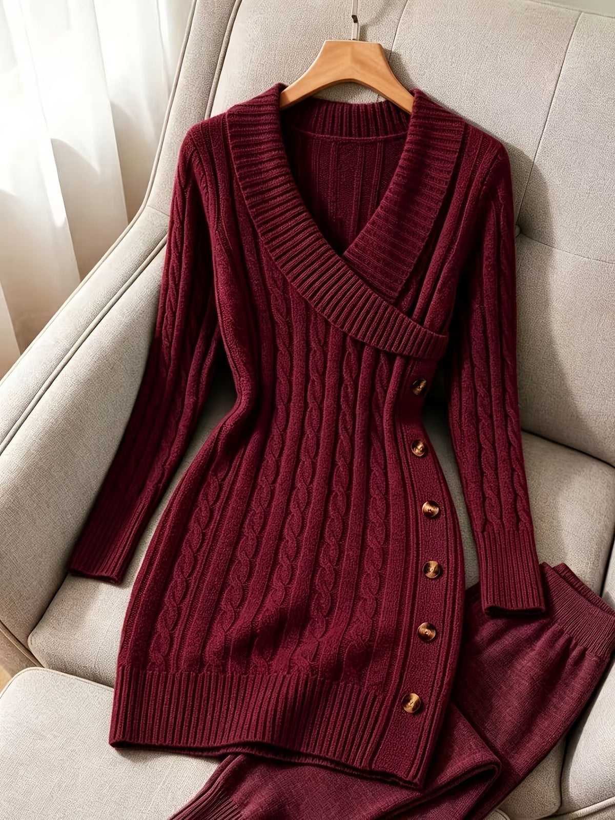 Cable Knit Jumper Dress with V-Neck and Side Buttons