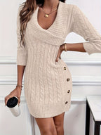 Cable Knit Jumper Dress with V-Neck and Side Buttons