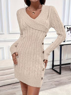 Cable Knit Jumper Dress with V-Neck and Side Buttons