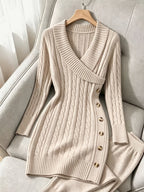 Cable Knit Jumper Dress with V-Neck and Side Buttons