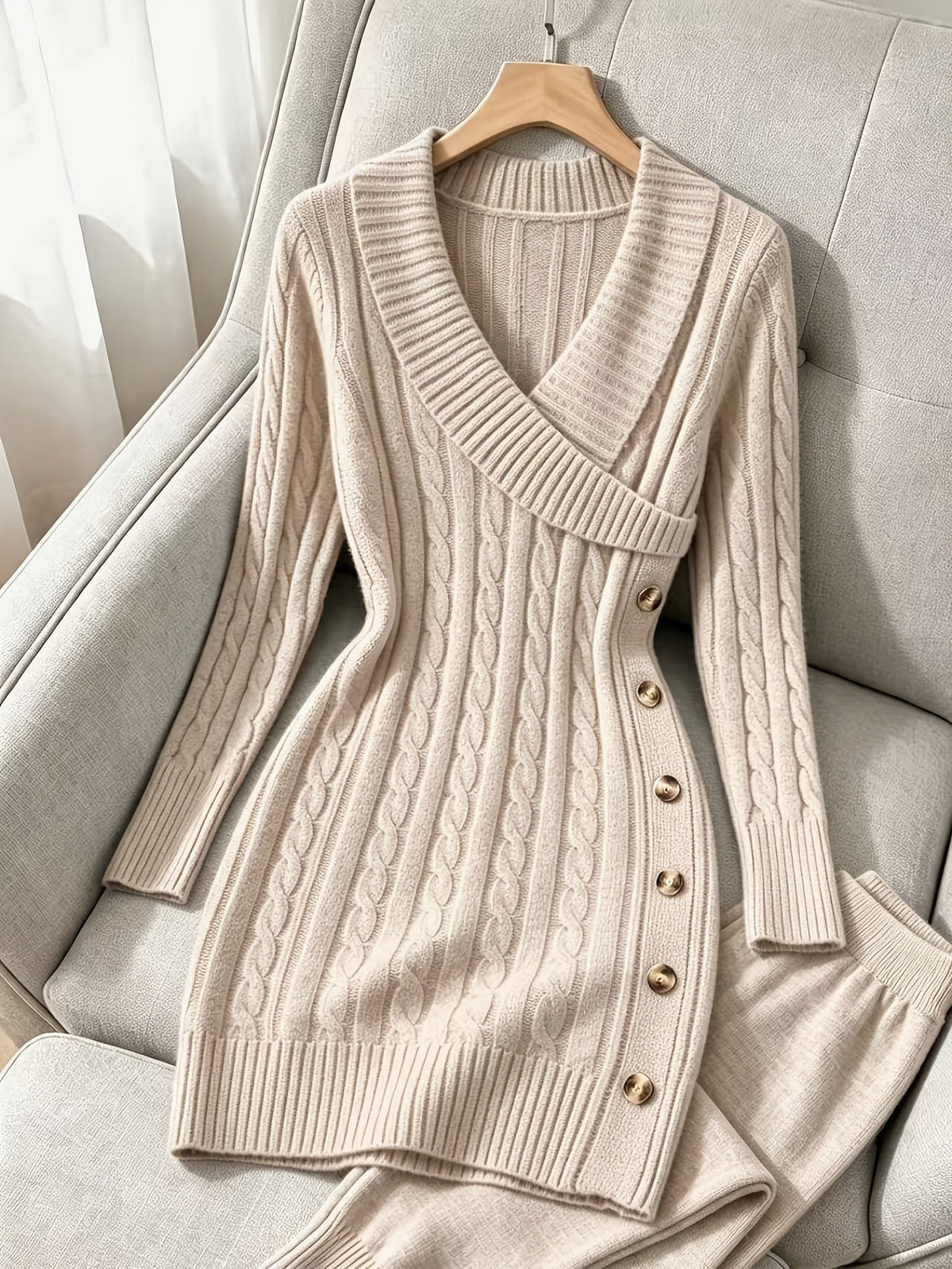 Cable Knit Jumper Dress with V-Neck and Side Buttons