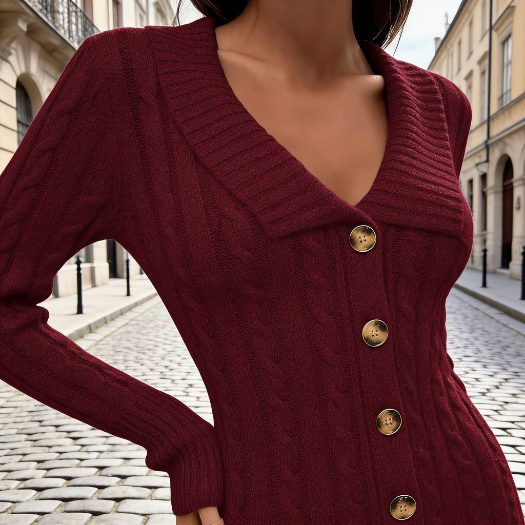 Cable Knit Jumper Dress with V-Neck and Side Buttons