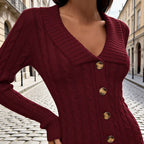 Cable Knit Jumper Dress with V-Neck and Side Buttons
