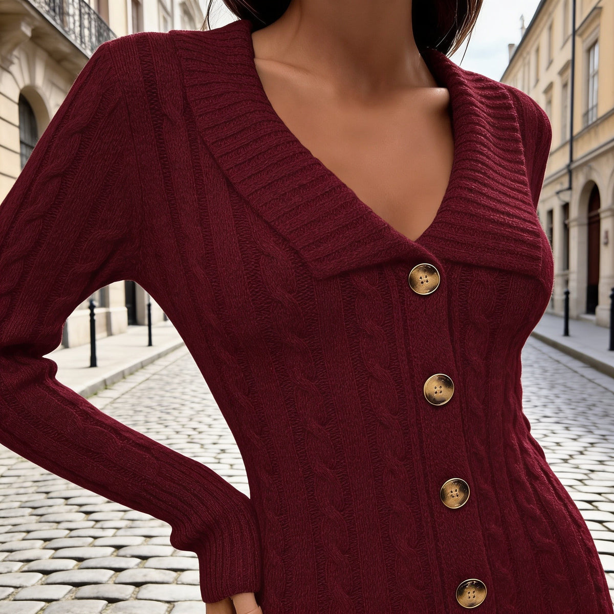 Cable Knit Jumper Dress with V-Neck and Side Buttons