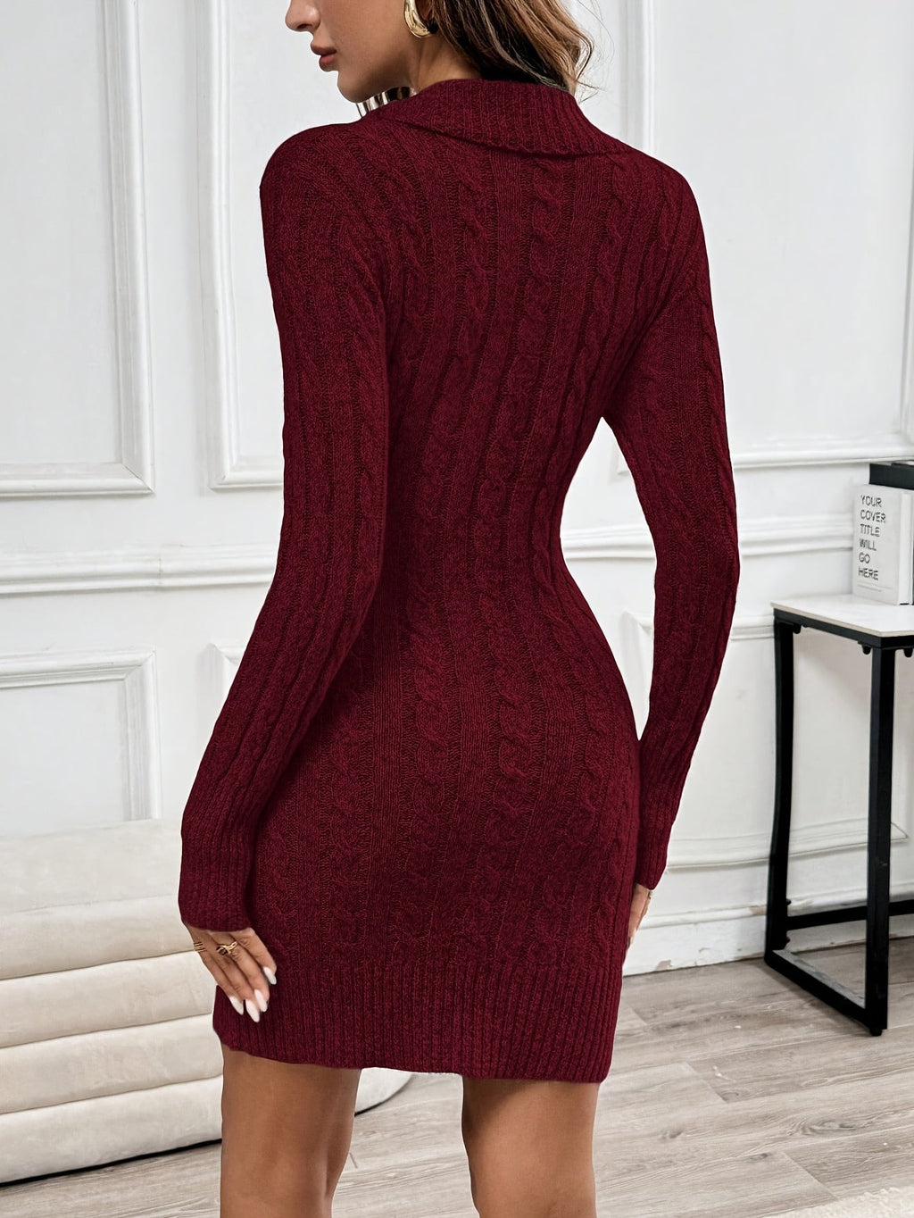 Cable Knit Jumper Dress with V-Neck and Side Buttons