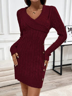 Cable Knit Jumper Dress with V-Neck and Side Buttons