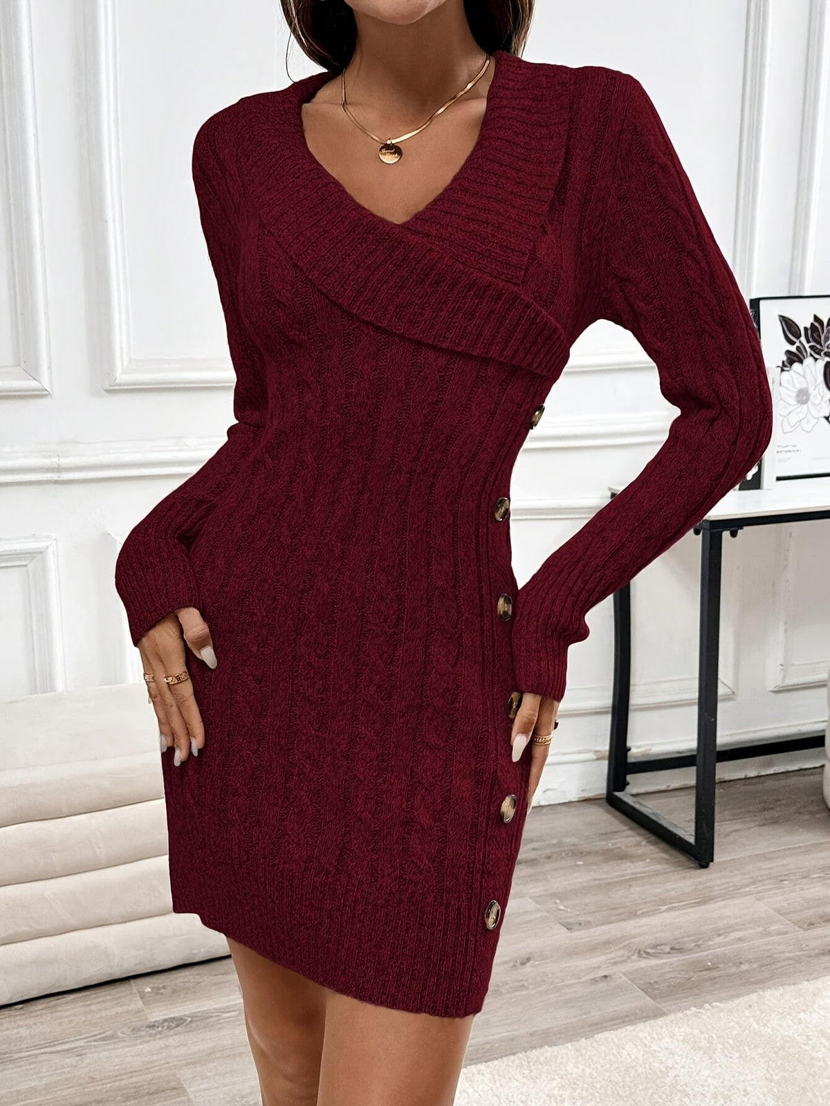 Cable Knit Jumper Dress with V-Neck and Side Buttons