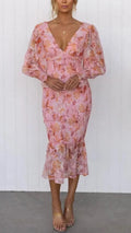 Floral Midi Wedding Guest Dress with Puff Sleeves