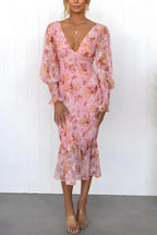 Floral Midi Wedding Guest Dress with Puff Sleeves