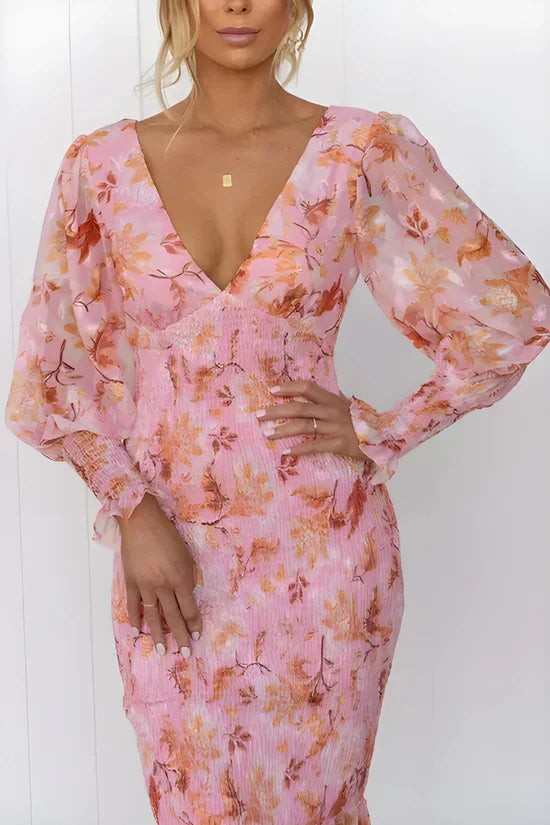 Floral Midi Wedding Guest Dress with Puff Sleeves