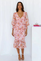 Floral Midi Wedding Guest Dress with Puff Sleeves