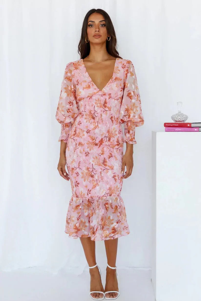 Floral Midi Wedding Guest Dress with Puff Sleeves