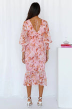 Floral Midi Wedding Guest Dress with Puff Sleeves
