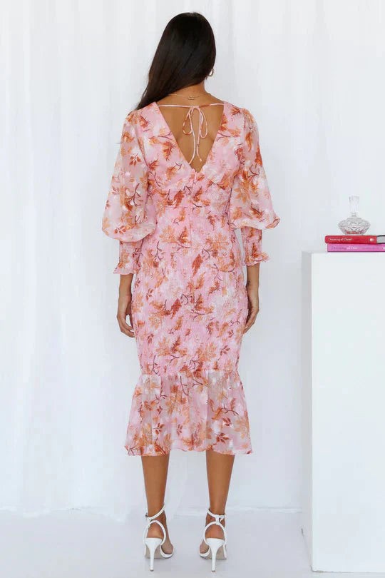 Floral Midi Wedding Guest Dress with Puff Sleeves
