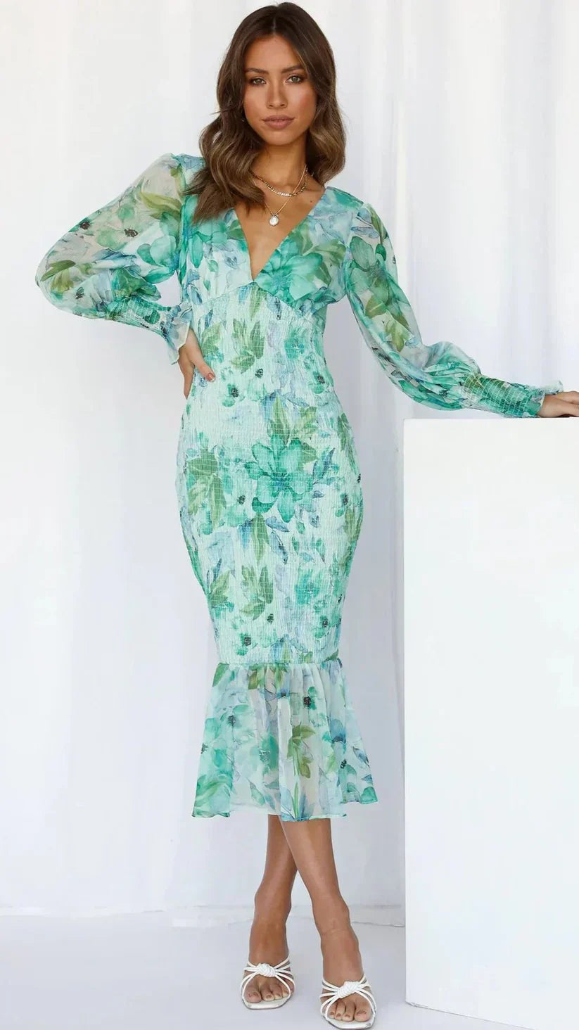 Floral Midi Wedding Guest Dress with Puff Sleeves