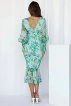 Floral Midi Wedding Guest Dress with Puff Sleeves