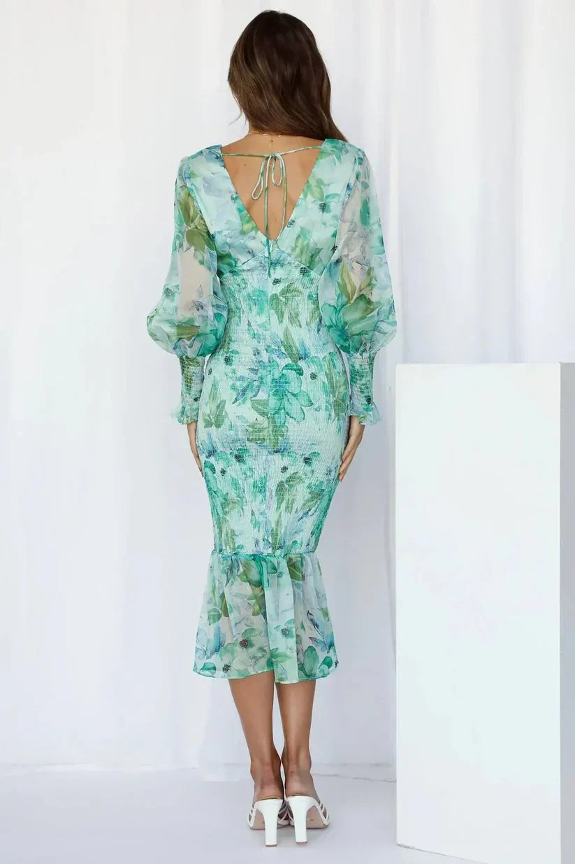 Floral Midi Wedding Guest Dress with Puff Sleeves