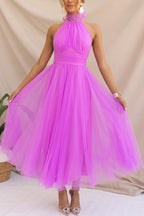 Halterneck Tulle Wedding Guest Dress with A-Line Midi Skirt