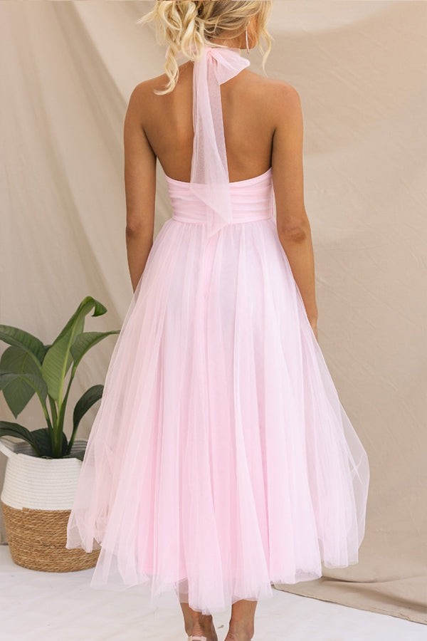 Halterneck Tulle Wedding Guest Dress with A-Line Midi Skirt
