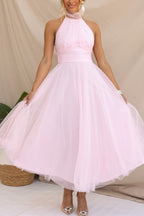 Halterneck Tulle Wedding Guest Dress with A-Line Midi Skirt