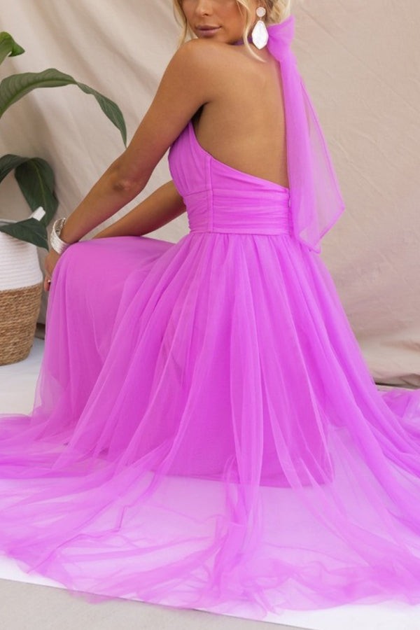 Halterneck Tulle Wedding Guest Dress with A-Line Midi Skirt
