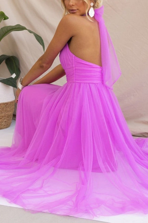 Halterneck Tulle Wedding Guest Dress with A-Line Midi Skirt