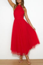 Halterneck Tulle Wedding Guest Dress with A-Line Midi Skirt