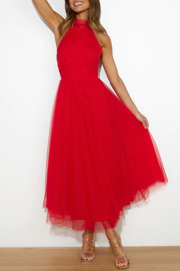 Halterneck Tulle Wedding Guest Dress with A-Line Midi Skirt