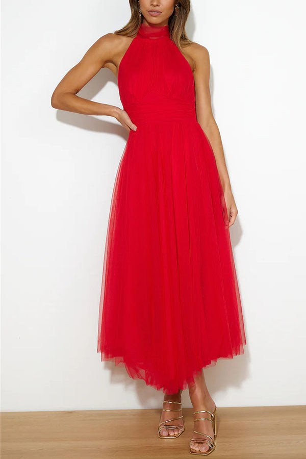 Halterneck Tulle Wedding Guest Dress with A-Line Midi Skirt