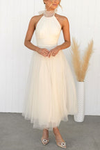 Halterneck Tulle Wedding Guest Dress with A-Line Midi Skirt