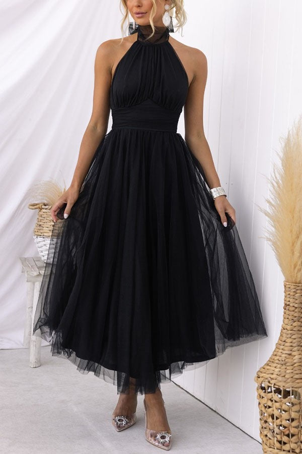 Halterneck Tulle Wedding Guest Dress with A-Line Midi Skirt