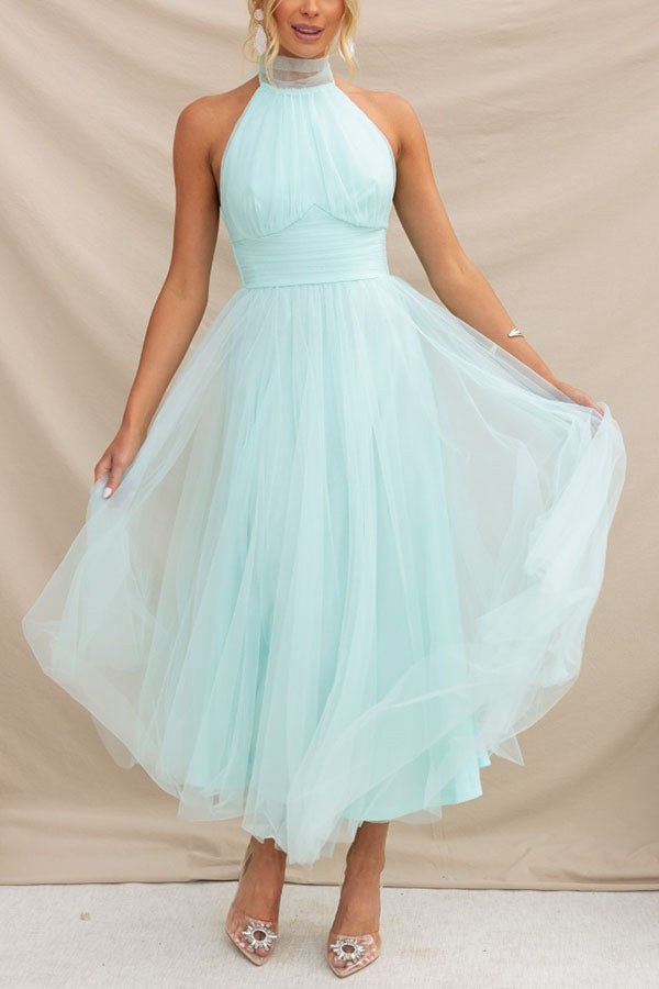 Halterneck Tulle Wedding Guest Dress with A-Line Midi Skirt