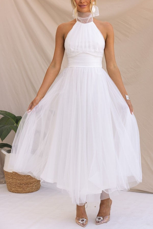 Halterneck Tulle Wedding Guest Dress with A-Line Midi Skirt