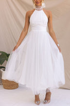 Halterneck Tulle Wedding Guest Dress with A-Line Midi Skirt