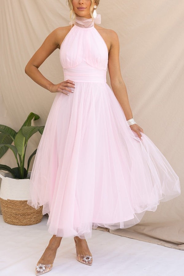 Halterneck Tulle Wedding Guest Dress with A-Line Midi Skirt