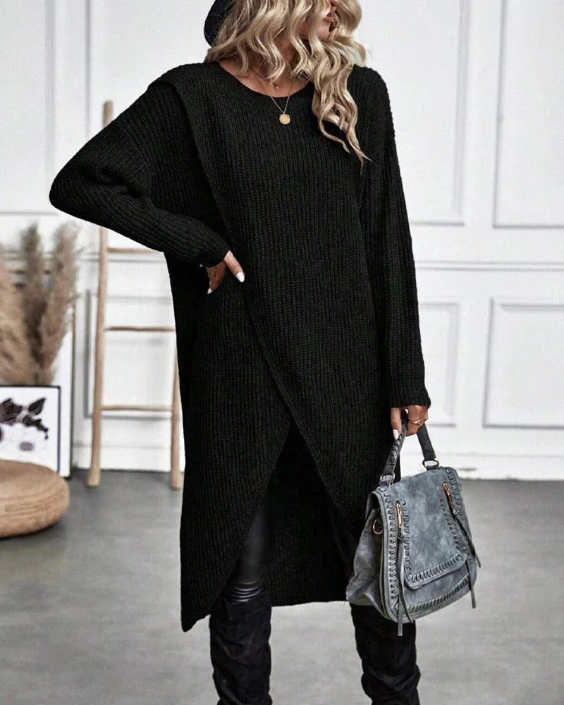 Long Sleeve Ribbed Knit Wrap Jumper Dress
