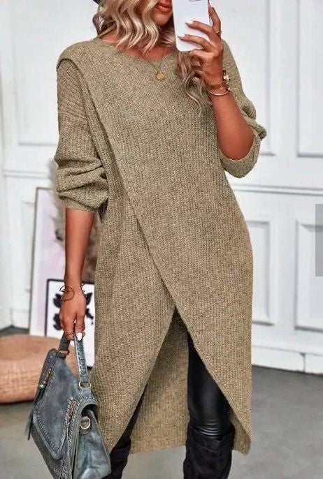 Long Sleeve Ribbed Knit Wrap Jumper Dress