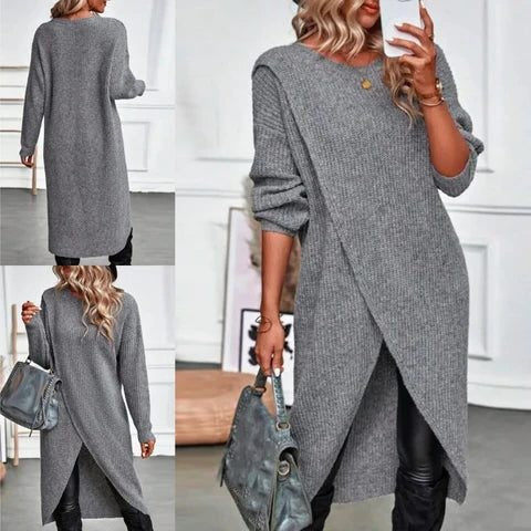 Long Sleeve Ribbed Knit Wrap Jumper Dress