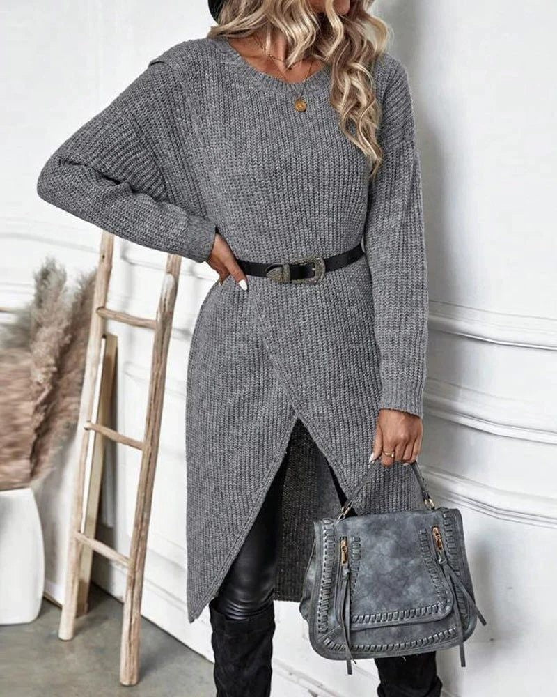 Long Sleeve Ribbed Knit Wrap Jumper Dress