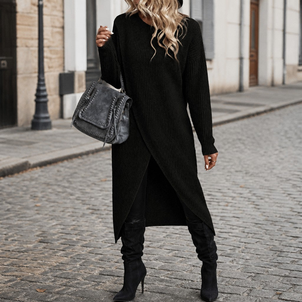 Long Sleeve Ribbed Knit Wrap Jumper Dress