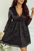Long Sleeve Sequin Dress with V-Neck and Wrap Waist