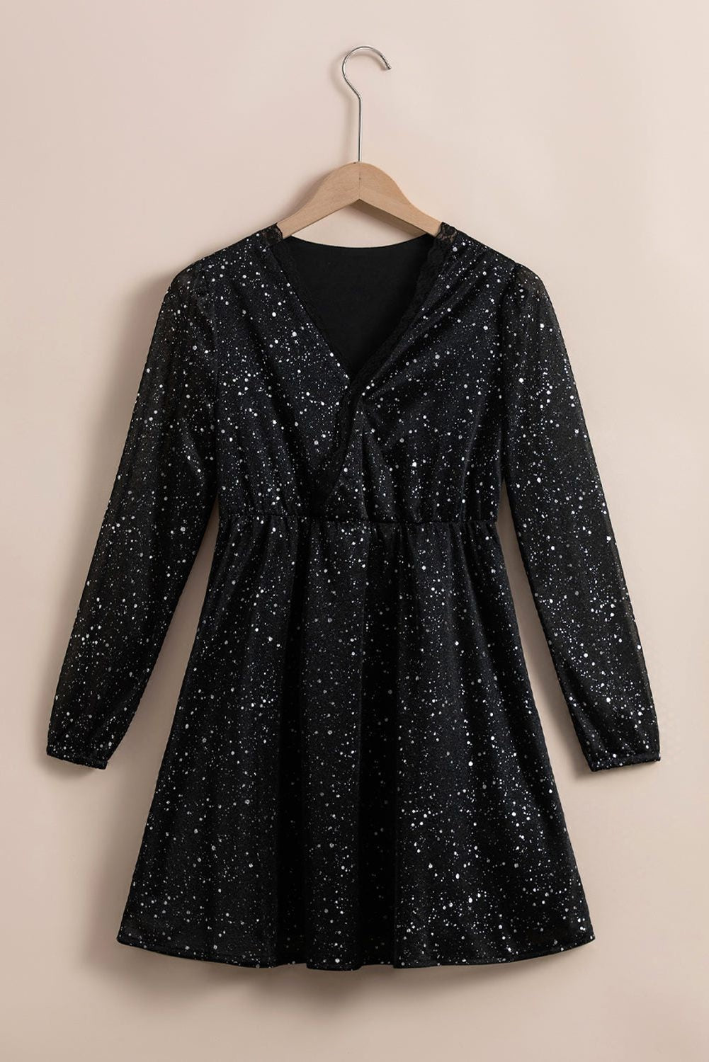 Long Sleeve Sequin Dress with V-Neck and Wrap Waist