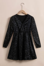 Long Sleeve Sequin Dress with V-Neck and Wrap Waist