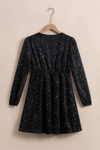Long Sleeve Sequin Dress with V-Neck and Wrap Waist